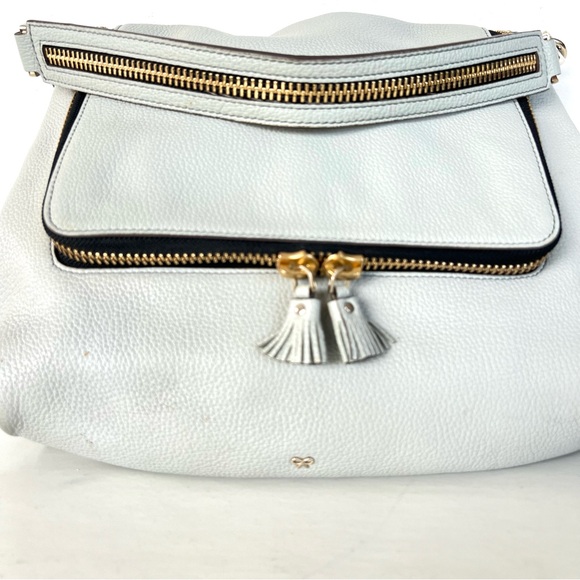 ANYA HINDMARCH Maxi Zip Blue Gray Pebble Leather Flap Tassel Shoulder Satchel - Picture 4 of 15